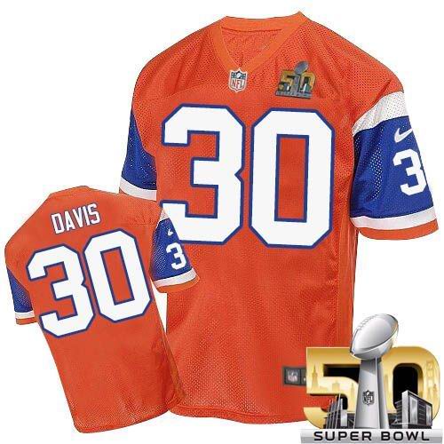 Nike Broncos #30 Terrell Davis Orange Throwback Super Bowl 50 Men's Stitched NFL Elite Jersey - Click Image to Close